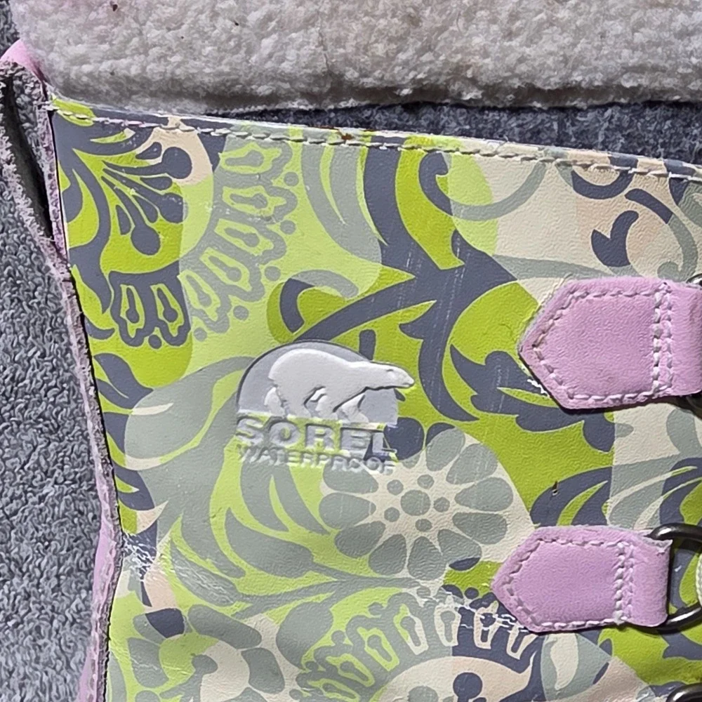 Sorel Sz 5 Pink Green Warm Winter Yoot PAC Snow Boots Floral Lace Up Lined